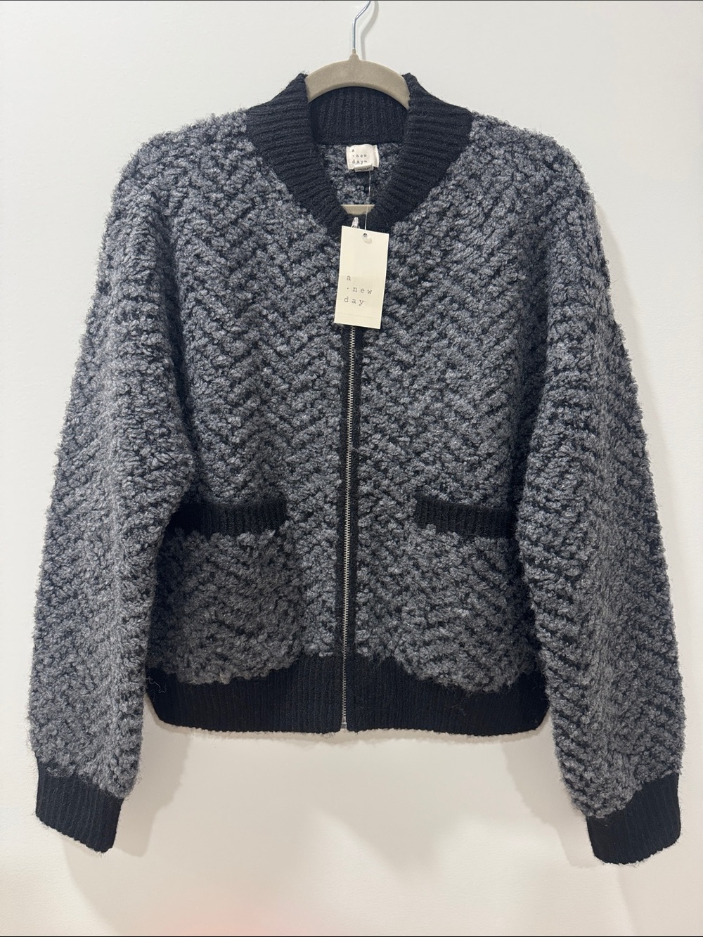 a new day Charcoal Gray Bouclé Zip-Front Sweater